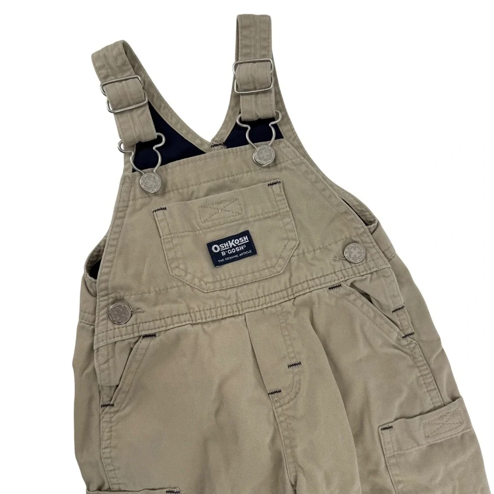 OshKosh BGosh Baby Toddler Boy's Khaki Cotton Overalls Vestbak Sz 12 Months Y2K